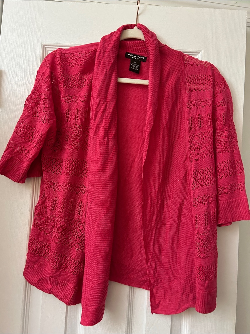 Linda Matthew’s NY Hot Pink Crochet Knit Sweater Open Front XL